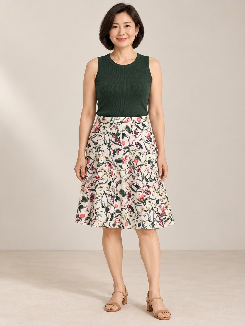 Floral A-Line Midi Skirt in Cream with Pink & Green Accents